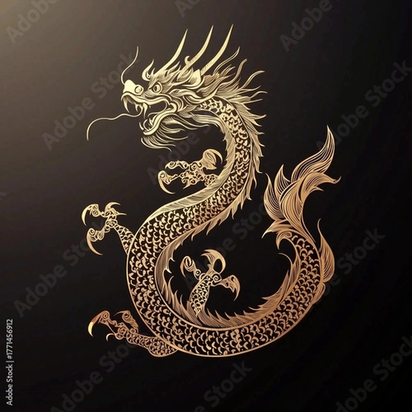 Obraz Elegant golden dragon illustration with intricate details against a dark background