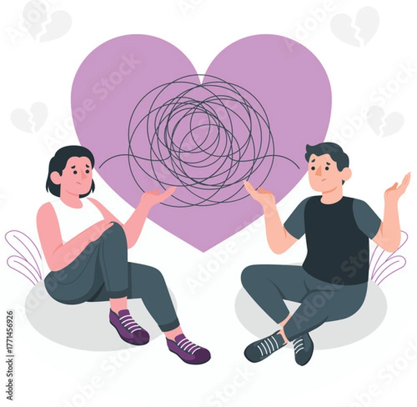 Fototapeta Couple with tangled thoughts and broken heart symbols relationship stress