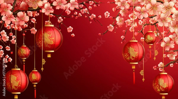 Fototapeta Red lanterns hanging among cherry blossom branches on a vibrant red background