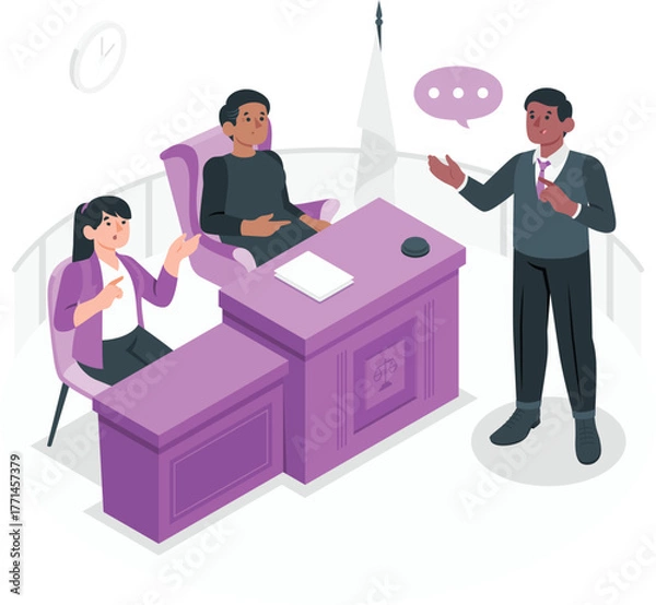 Fototapeta Courtroom Scene with Judge, Defendant, and Lawyer Discussing discussion