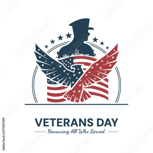 Obraz Happy Veterans Day poster, banner, and card template with American flag, brave soldier, and eagle illustration. Honoring all who served design celebrating courage and patriotism.