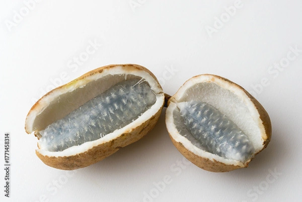 Obraz アケビの実を白い紙の上で室内撮影02