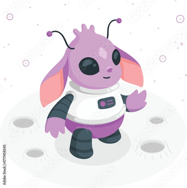 Fototapeta Cute purple alien in spacesuit on moon surface with craters extraterrestrial cartoon
