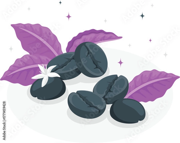Fototapeta Dark coffee beans with purple leaves and white flower vector