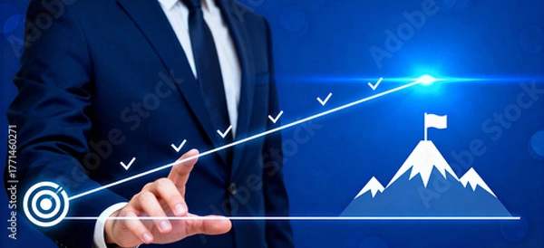 Fototapeta Businessman Setting Goals on Digital Path to Mountain Peak Success, Business Strategy