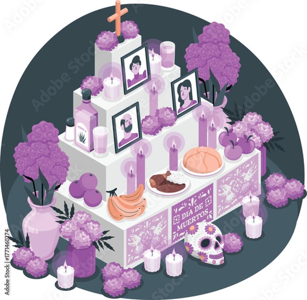 Obraz Day of the Dead altar with photos candles flowers and food ofrenda dia de muertos