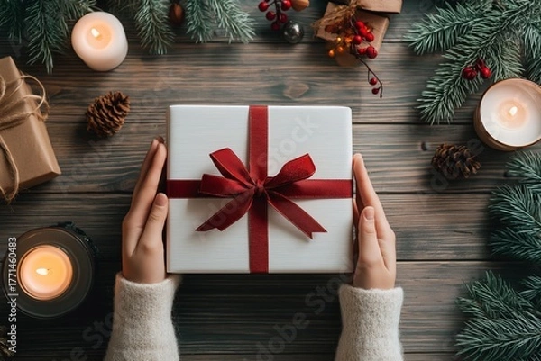 Obraz Christmas decoration, female hands holding white book or gift box mockup with red bow for present, magic candles, spruce branches around on wooden table, top view, perfect for banner or post cards