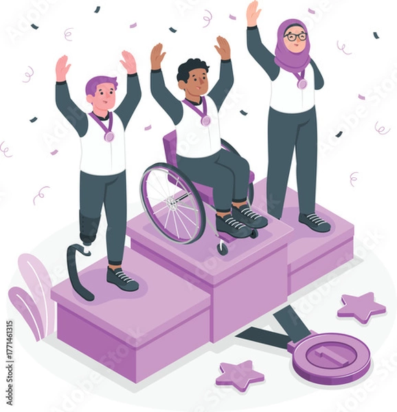 Fototapeta Diverse athletes celebrate victory on a podium with medals and confetti celebration