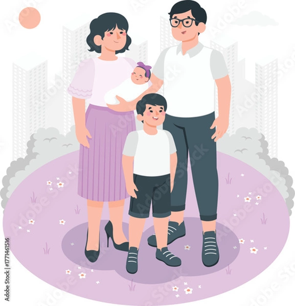 Fototapeta Diverse family with baby in a park with city skyline background parents children