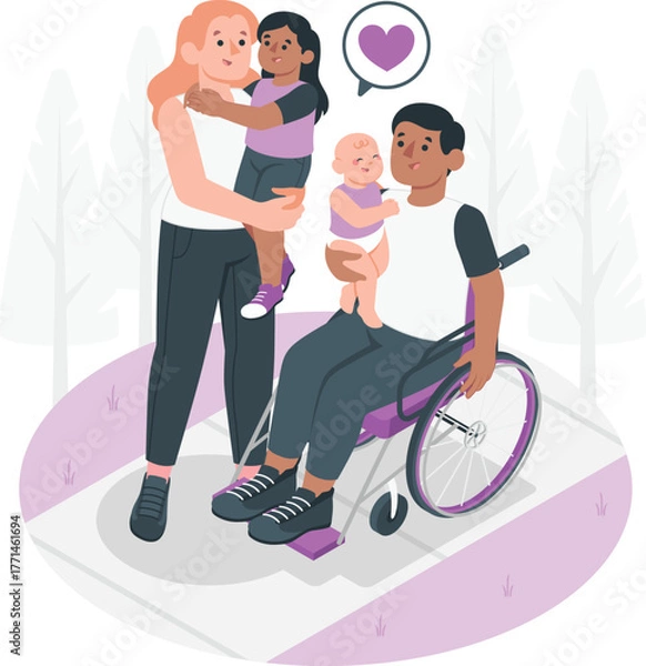 Fototapeta Diverse family with disabled parent enjoying time outdoors wheelchair baby