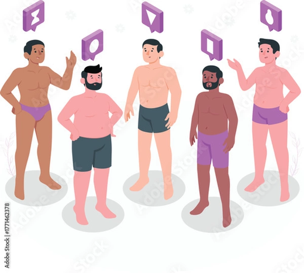 Fototapeta Diverse group of men in underwear with speech bubbles adult appearance