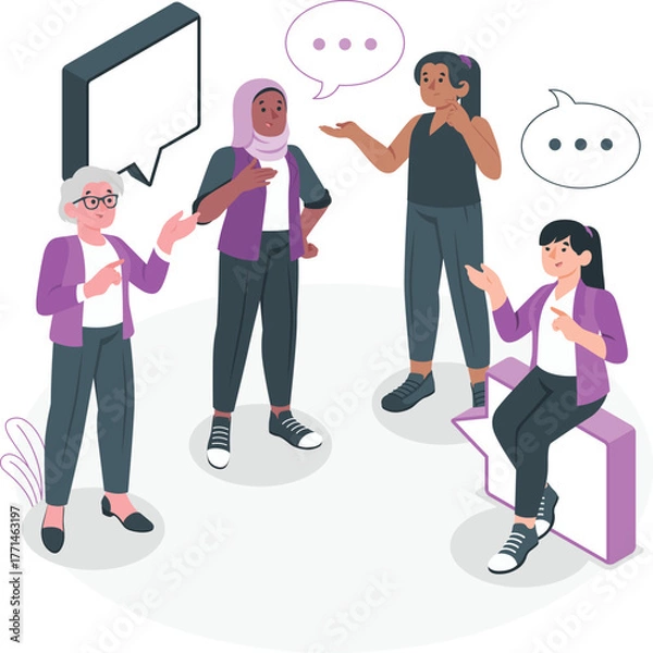 Fototapeta Diverse group of women talking with speech bubbles communication