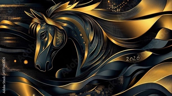 Fototapeta Golden black horse abstract art with metallic waves
