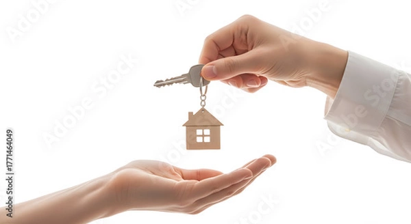 Fototapeta Crucial moment in a real estate transaction house keys, with a house-shaped keychain, exchanged between hands, symbolizing new homeownership and property transfer