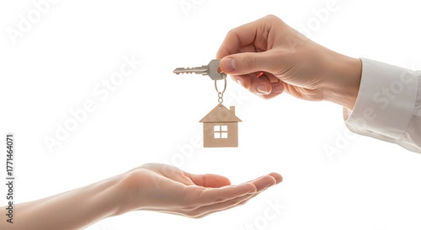 Fototapeta Close-up of a real estate agent giving house keys with a home-shaped keychain to a new homeowner