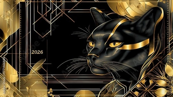Fototapeta Black and gold cat portrait in luxury geometric style