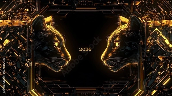 Fototapeta Two golden panthers futuristic 2026 metallic symmetry