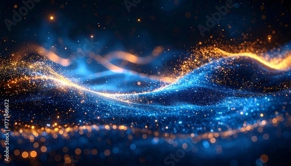 Obraz Abstract image of luminous blue and orange particles forming flowing waves on a dark background