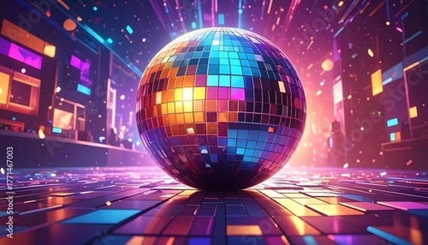 Obraz A shimmering disco ball resting on a reflective, tiled surface, with neon city lights in the background
