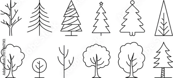 Obraz Collection of hand drawn line art trees and branches in black and white
