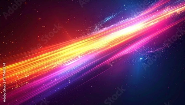 Obraz Abstract streams of vibrant light in shades of red, orange, yellow, pink, and blue against a dark, speckled background