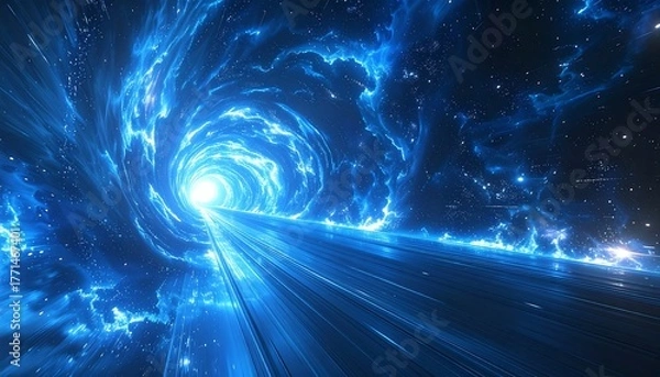 Obraz Abstract tunnel of bright blue light streaks swirling through a cosmic scene with star-like points of light