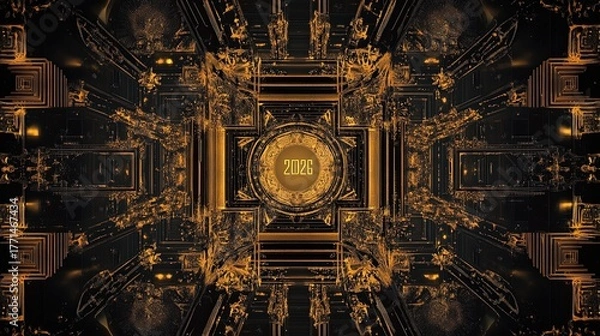 Fototapeta Golden abstract futuristic tunnel with metallic reflections