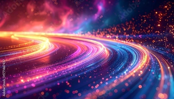 Obraz Abstract vibrant curves of light cascade like ribbons, swirled in cosmic hues of pink, blue, orange, and sparkling particles