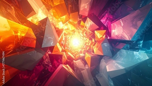 Obraz Abstract tunnel of geometric shapes transitioning from vibrant orange/yellow to cool blue/purple, radiating light