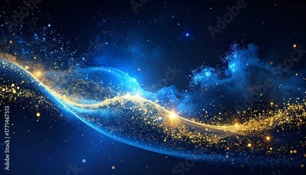 Obraz Abstract wave of glowing particles flows across a dark blue background, evoking cosmos and digital art