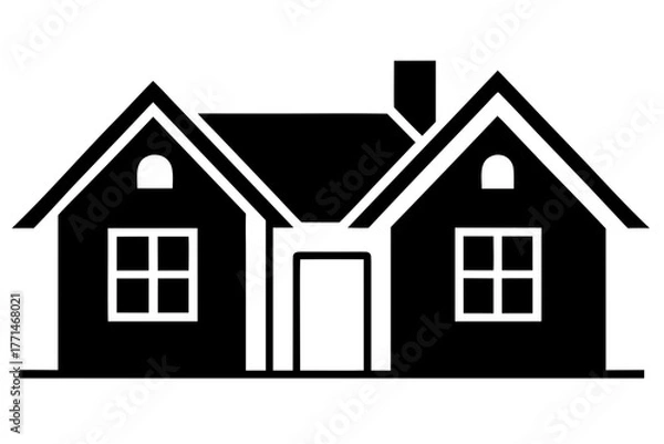 Fototapeta Simple black and white graphic illustration of a detached house with a chimney and two windows representing home and real estate silhouette
