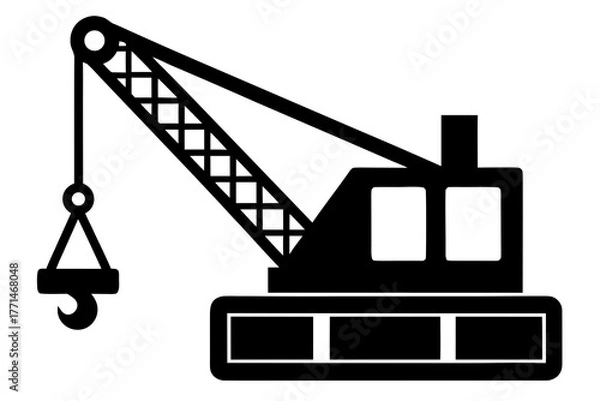 Fototapeta A bold black silhouette of a construction crane with a hook and boom on a white background representing heavy machinery and industry silhouette