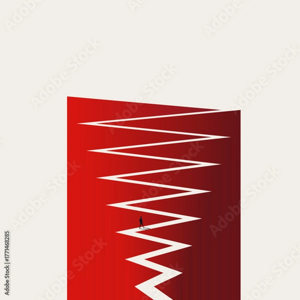 Fototapeta A striking, abstract graphic of a man on a sharp, zigzag path, illustrating the hard road to success, a difficult career path, an unpredictable challenge, and overcoming obstacles in business.