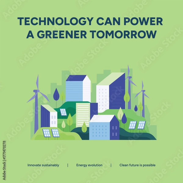 Obraz Technology can power a greener tomorrow with sustainable city, wind turbine, and solar panel for energy revolution concept