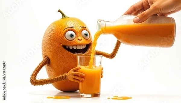 Fototapeta Funny animated orange character happily pouring fresh juice into a glass, vibrant and playful concept with bright colors on a white background
