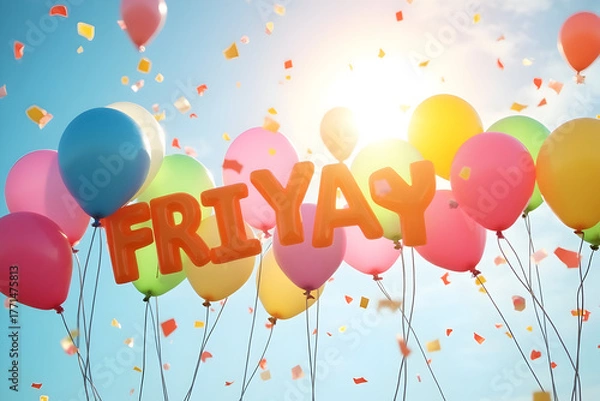 Fototapeta Happy Friday text with colorful balloons and sunlight sky