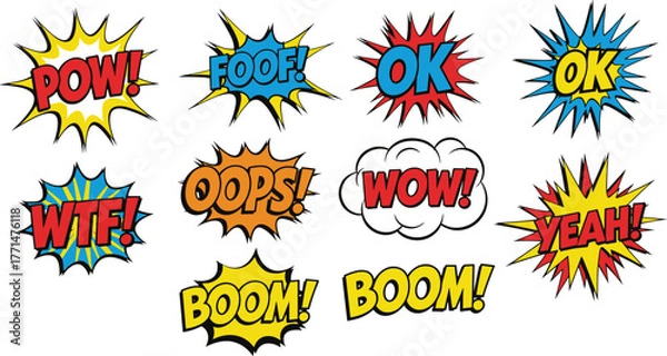 Obraz Comic sound effect text, pop art explosion, retro cartoon bubble, colorful action words, boom pow wow, vector illustration, cad drawing flat vector illustration
