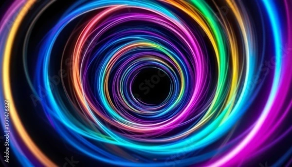 Obraz Vibrant neon light waves in a futuristic vortex design, blending glowing rainbow colors that create a dynamic, modern, and mesmerizing digital abstract background