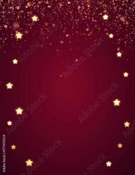 Fototapeta Christmas background design with yellow glowing stars and gold glitter or confetti. Dark red backdrop with space for text. Vector flyer and banner template.