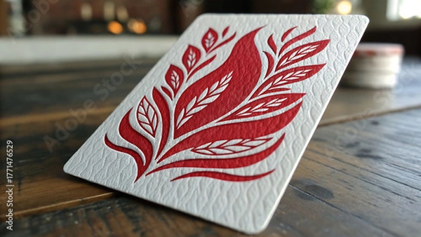 Fototapeta Close up of a decorative tile with a red floral pattern on a wooden surface