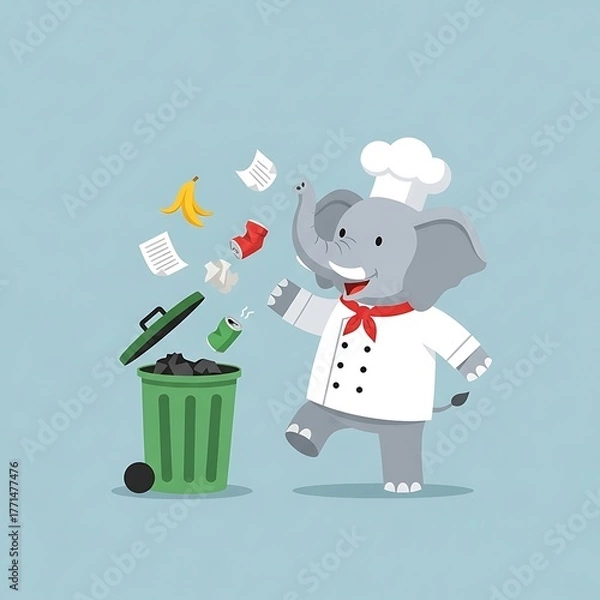 Obraz An animated elephant in a chef's uniform happily discards trash into a green bin. Debris like paper and a banana peel are airborne