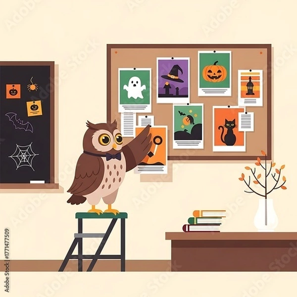 Fototapeta An animated owl in a room with Halloween decorations, a chalkboard, and a bulletin board showing images of Halloween
