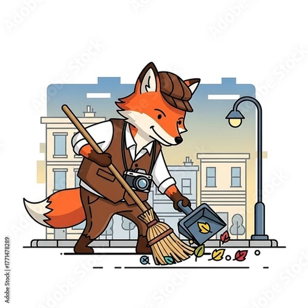 Fototapeta An anthropomorphic fox character, wearing a vest and hat, sweeps fallen leaves from the sidewalk with a broom