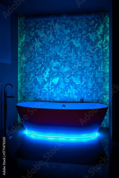 Obraz dramatic and immersive bathroom design, focused on ultraviolet and neon lighting. The central element is a sleek, free-standing bathtub with a dark, possibly reddish or plum-toned exterior.
