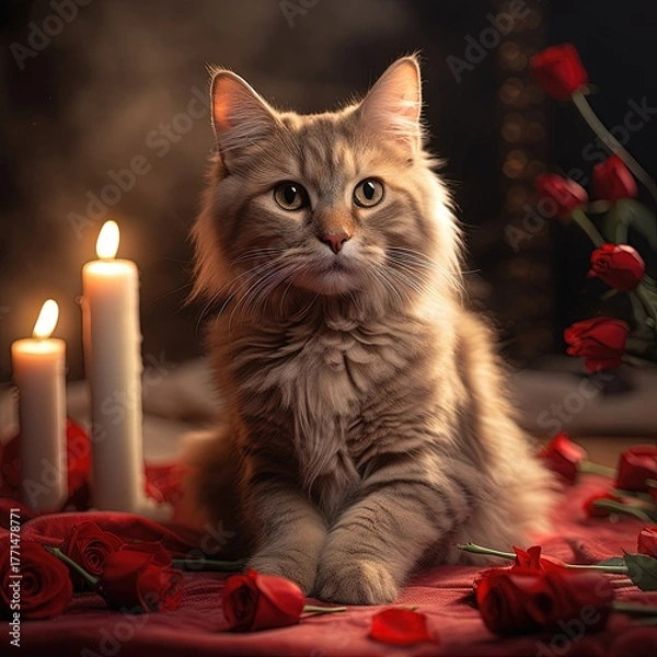 Fototapeta Cat surrounded by candles and roses elegant atmosphere