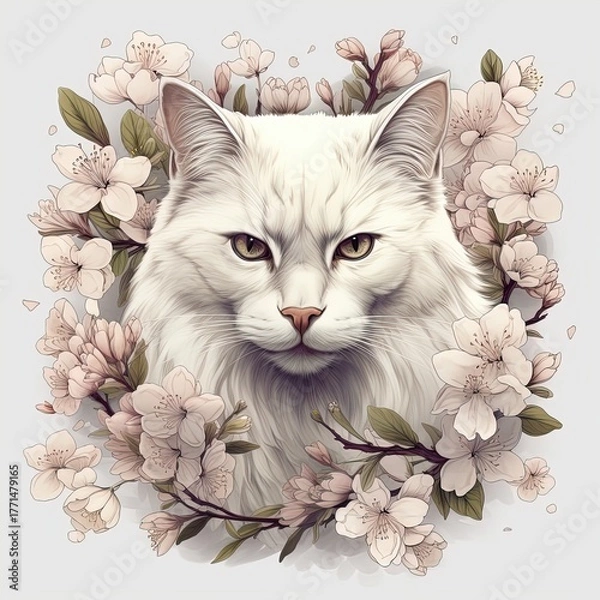 Fototapeta Cat portrait framed by delicate spring cherry flowers