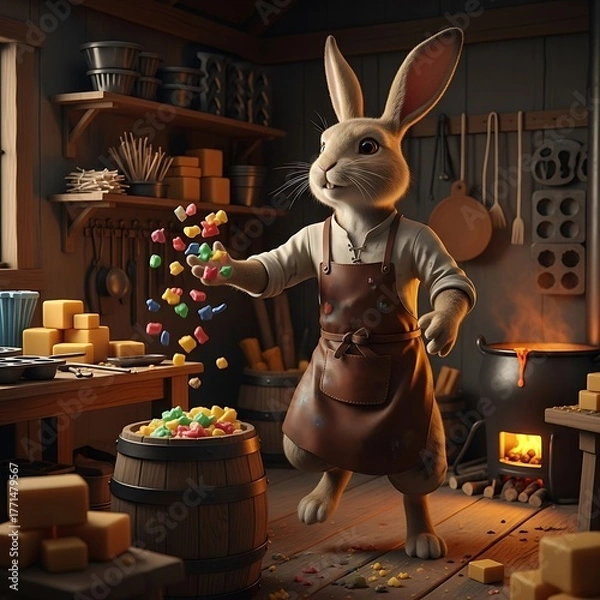 Fototapeta An anthropomorphic rabbit, wearing an apron, playfully tosses colorful treats into a wooden barrel in a rustic workshop setting