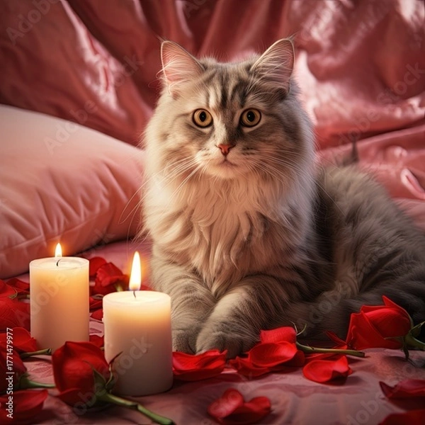 Fototapeta Cat with candles and rose petals romantic evening light
