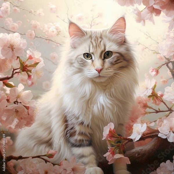 Fototapeta Fluffy cat surrounded by soft pink cherry petals
