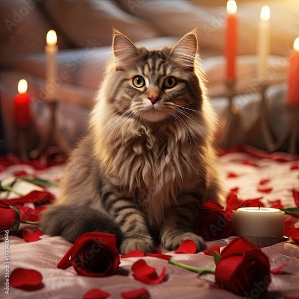 Fototapeta Fluffy cat posing with candles and red roses in dim light